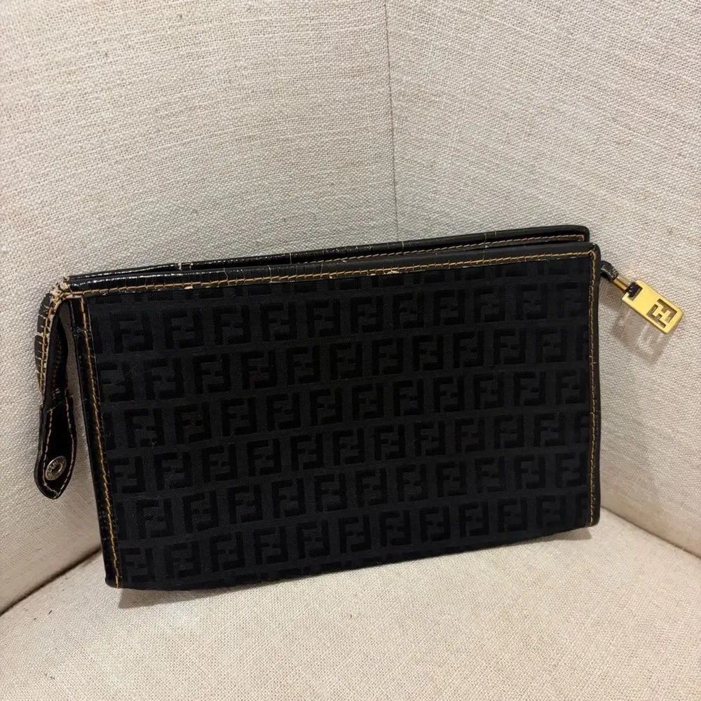 Fendi Black and Gold Monogram Pouch - Vintage Clutch